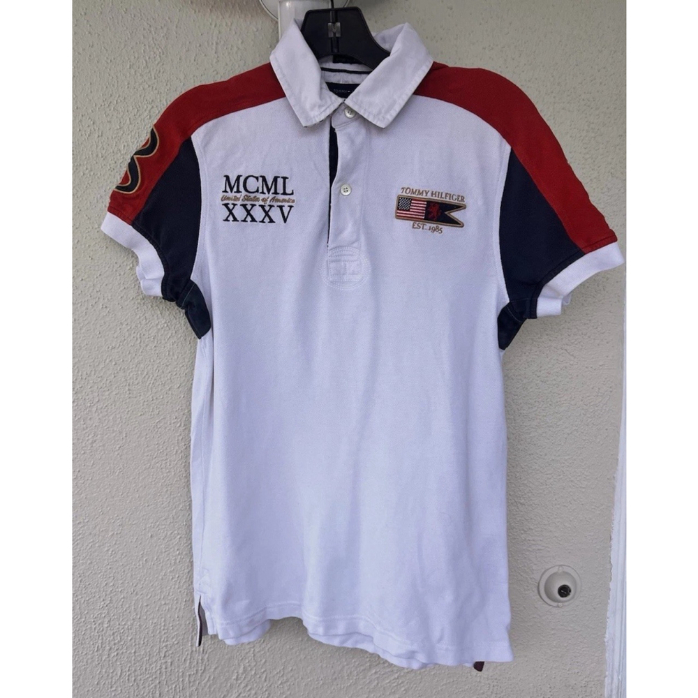 Tommy Hilfiger Polo Shirt Men's XS Embroidered USA Flag Patch MCML XXXV Rugby